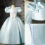 Élégant Bleu Ciel Perlage Perle Appliques Anniversaire Robe Ceremonie Fille 2022 Robe Boule Satin Encolure Carrée Gonflée Manches Courtes Dos Nu Noeud Longue Robe Ceremonie Fille