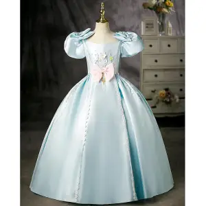 Elegant Sky Blue Beading Pearl Appliques Birthday Flower Girl Dresses 2022 Ball Gown Satin Square Neckline Puffy Short Sleeve Backless Bow Floor Length Long Flower Girl Dresses