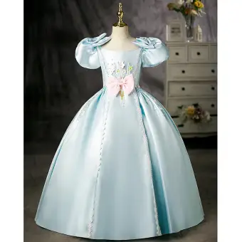 Élégant Bleu Ciel Perlage Perle Appliques Anniversaire Robe Ceremonie Fille 2022 Robe Boule Satin Encolure Carrée Gonflée Manches Courtes Dos Nu Noeud Longue Robe Ceremonie Fille