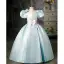 Élégant Bleu Ciel Perlage Perle Appliques Anniversaire Robe Ceremonie Fille 2022 Robe Boule Satin Encolure Carrée Gonflée Manches Courtes Dos Nu Noeud Longue Robe Ceremonie Fille