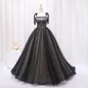 Audrey Hepburn Style Black Lace Prom Dresses 2024 Ball Gown Spaghetti Straps Sleeveless Backless Bow Floor-Length / Long Prom Formal Dresses