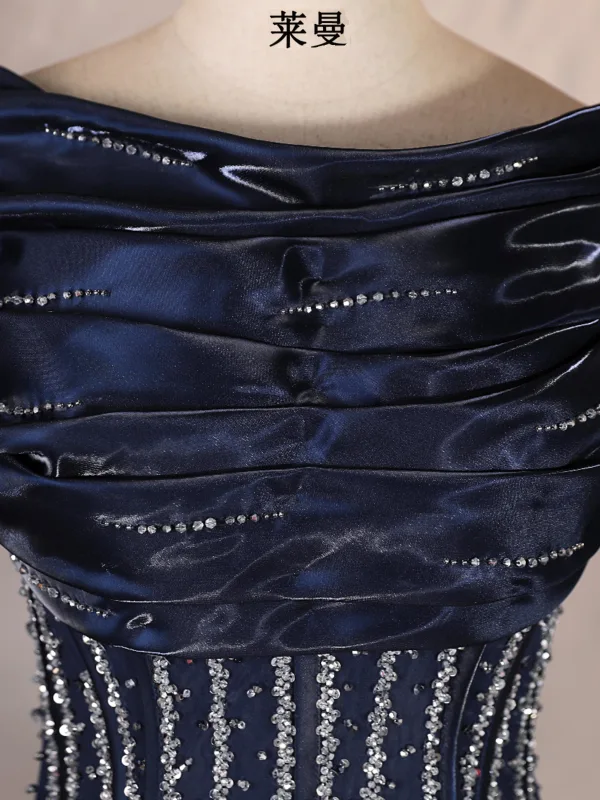 Vintage / Originale Bleu Marine Perlage Paillettes Robe De Bal 2025 Robe Boule De l'épaule 1/2 Manches Dos Nu Longue Robe De Ceremonie