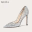 Sparkly Sexy Silver Rhinestone Sequins Wedding Shoes 2023 Leather 10 cm Stiletto Heels Pointed Toe Wedding Shoes High Heels