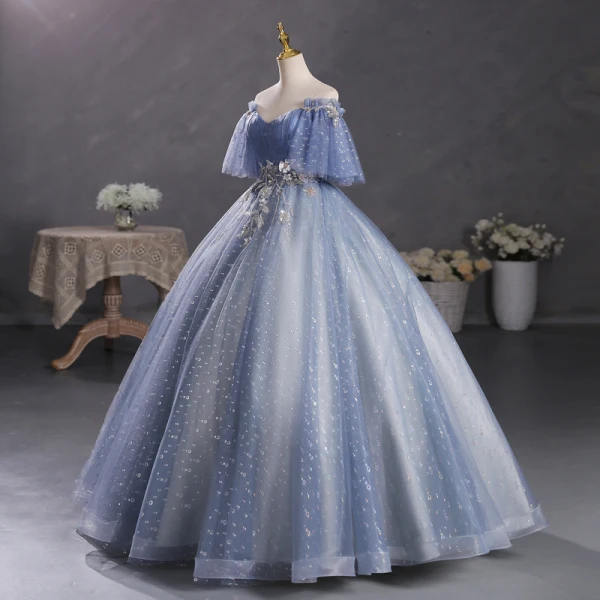 Schöne Meeresblau Perlenstickerei Ballkleider 2023 Ballkleid Off Shoulder Kurze Ärmel Rückenfreies Lange Ball Festliche Kleider