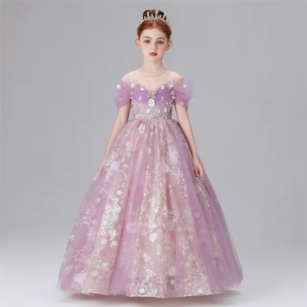 Chic / Beautiful Lavender Pearl Sequins Lace Flower Birthday Flower Girl Dresses 2025 Ball Gown Scoop Neck Short Sleeve Floor-Length / Long