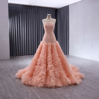 High End Blushing Pink Handmade Beading Sequins Cascading Ruffles Prom Dresses 2024 Ball Gown Strapless Sleeveless Backless Court Train Prom Formal Dresses