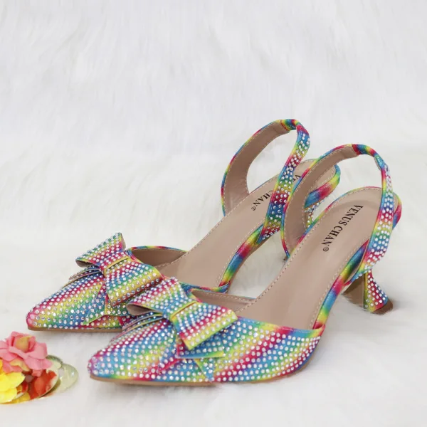 Charming Multi-Colors Rainbow Rhinestone Bow Womens Sandals Clutch Bags 2023 8 cm Stiletto Heels Evening Party Pointed Toe Sandals High Heels Clutch Bags