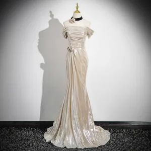 Sexy Champagne Robe De Bal 2024 Trompette Sirène De L Épaule Manches Courtes Dos Nu Longue Promo Robe De Ceremonie