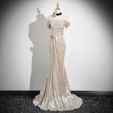 Sexy Champagne Robe De Bal 2024 Trompette Sirène De L Épaule Manches Courtes Dos Nu Longue Promo Robe De Ceremonie