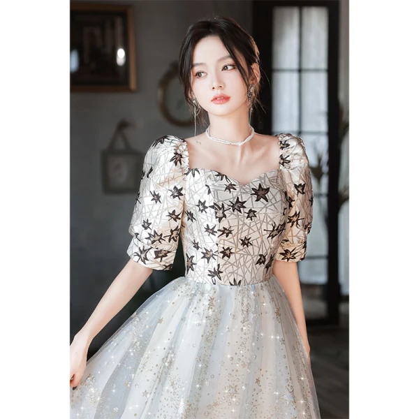 Fashion Grey Star Sequins Prom Dresses 2023 A-Line / Princess Square Neckline Short Sleeve Backless Floor-Length / Long Prom Formal Dresses