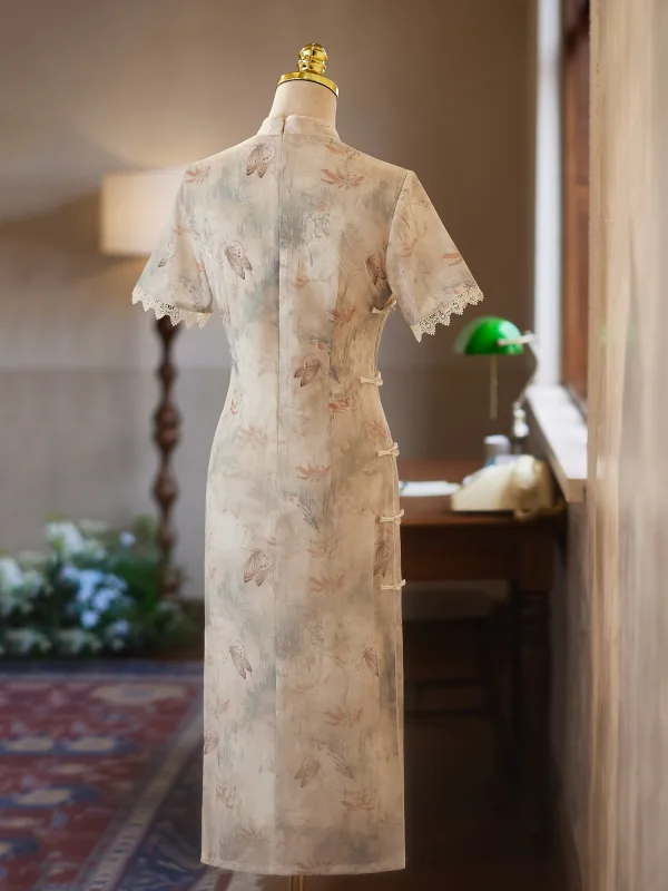 Chinese style Beige Printing Tea-length Cheongsam 2025 Trumpet / Mermaid High Neck Short Sleeve Evening Party Cheongsam / Qipao