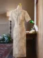 Chinese style Beige Printing Tea-length Cheongsam 2025 Trumpet / Mermaid High Neck Short Sleeve Evening Party Cheongsam / Qipao