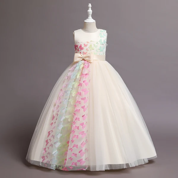 Lovely Blushing Pink Butterfly Appliques Birthday Flower Girl Dresses 2024 Ball Gown Scoop Neck Sleeveless Bow Sash Floor-Length / Long