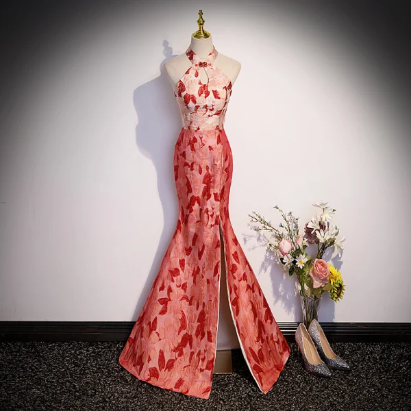Charming Burgundy Split Front Printing Cheongsam Evening Dresses 2023 Trumpet / Mermaid High Neck Short Sleeve Backless Floor-Length / Long Evening Party Formal Dresses