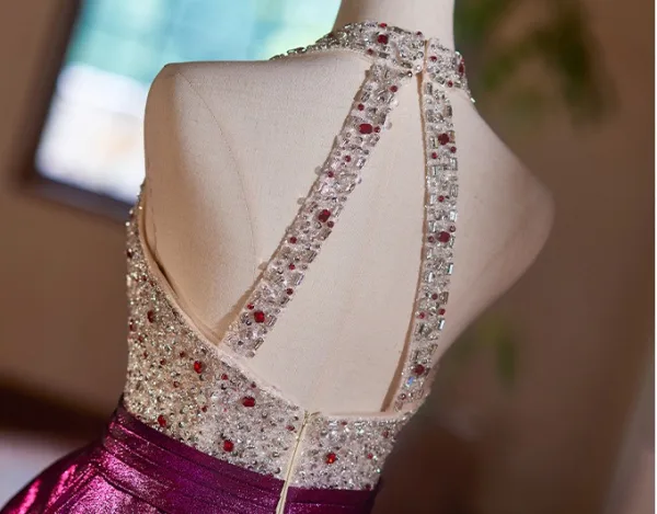 Fashion Fuchsia Beading Rhinestone Sequins Satin Prom Dresses 2024 A-Line / Princess V-Neck Sleeveless Backless Floor-Length / Long Prom Formal Dresses