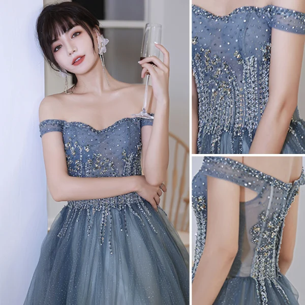 Chic / Beautiful Multi-Colors Ocean Blue Prom Dresses 2022 A-Line / Princess Off-The-Shoulder Beading Sequins Sleeveless Backless Floor-Length / Long Prom Formal Dresses