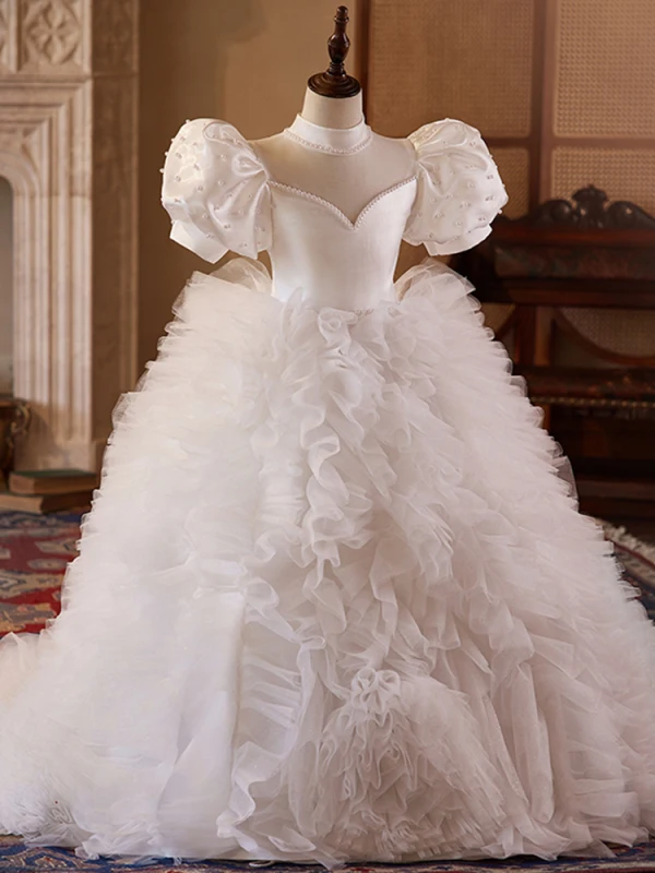 Elegant White Pearl Cascading Ruffles Wedding Flower Girl Dresses 2024 Ball Gown High Neck Puffy Short Sleeve Backless Sweep Train