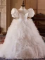 Elegant White Pearl Cascading Ruffles Wedding Flower Girl Dresses 2024 Ball Gown High Neck Puffy Short Sleeve Backless Sweep Train