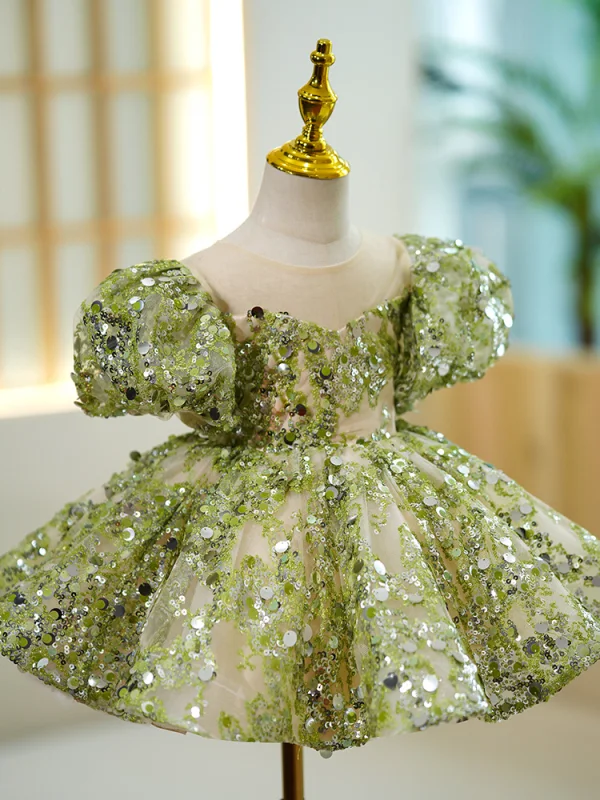 Charming Sage Green Beading Sequins Birthday Short Flower Girl Dresses 2023 Ball Gown Scoop Neck Puffy Short Sleeve