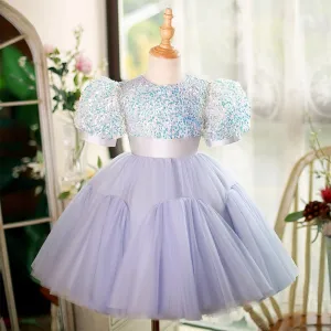 Bling Bling Lavande Paillettes Courte Anniversaire Robe Ceremonie Fille 2023 Robe Boule Encolure Dégagée Gonflée Manches Courtes