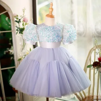 Bling Bling Lavande Paillettes Courte Anniversaire Robe Ceremonie Fille 2023 Robe Boule Encolure Dégagée Gonflée Manches Courtes