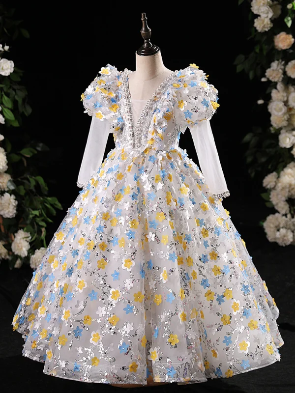 Flower Fairy Multi-Colors Appliques Beading Pearl Sequins Birthday Flower Girl Dresses 2024 Ball Gown V-Neck Long Sleeve Floor-Length / Long