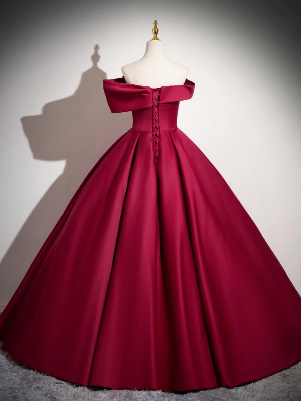 Vintage / Retro Burgundy Satin Prom Dresses 2024 Ball Gown Off-The-Shoulder Sleeveless Backless Floor-Length / Long Prom Formal Dresses