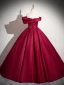 Vintage / Retro Burgundy Satin Prom Dresses 2024 Ball Gown Off-The-Shoulder Sleeveless Backless Floor-Length / Long Prom Formal Dresses