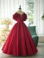 Vintage / Retro Burgundy Flower Short Sleeve Prom Dresses 2024 A-Line / Princess Off-The-Shoulder Backless Floor-Length / Long Prom Formal Dresses