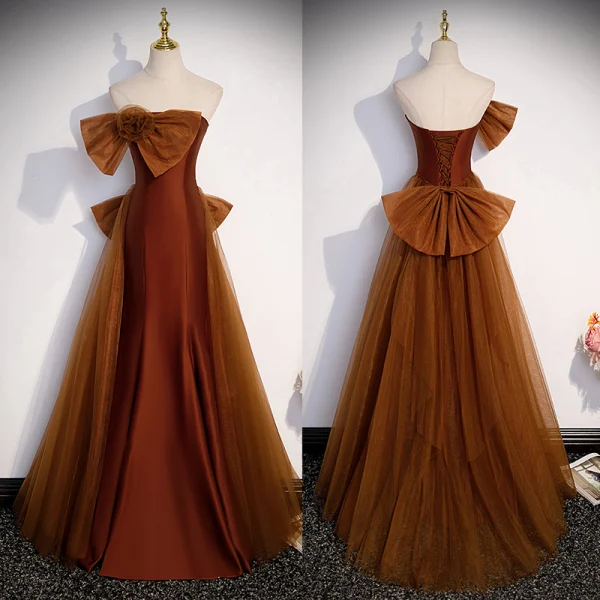 Chic / Belle Chocolat Robe De Bal 2023 Trompette / Sirène Bustier Noeud Sans Manches Dos Nu Longue Promo Robe De Ceremonie