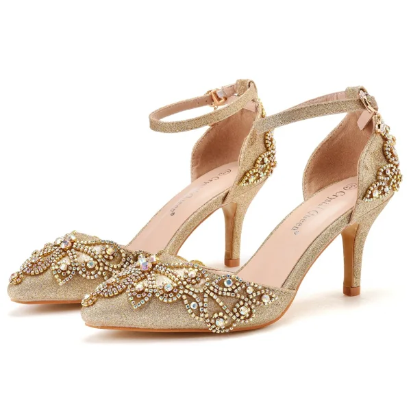 Scintillantes Doré Faux Diamant Paillettes Chaussure De Mariée 2023 Bride Cheville 7 cm Talons Aiguilles À Bout Pointu Mariage Talons Hauts