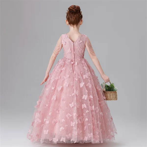 Chic / Beautiful Blushing Pink Beading Sequins Butterfly Appliques Birthday Flower Girl Dresses 2025 Ball Gown V-Neck Sleeveless Floor-Length / Long