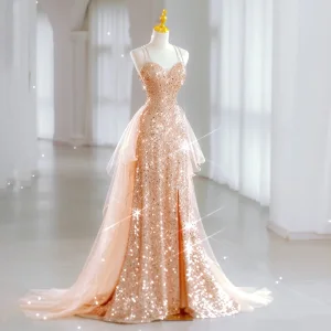 Sparkly Sexy Champagne Beading Sequins Evening Dresses 2023 Trumpet Mermaid Spaghetti Straps Sleeveless Backless Sweep Train Evening Party Formal Dresses