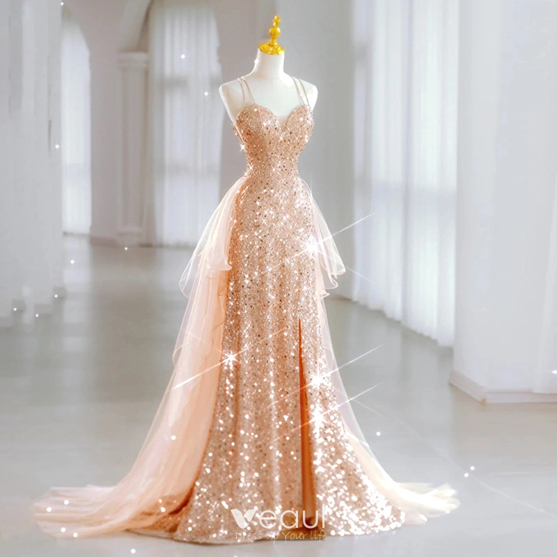 Sparkly Sexy Champagne Beading Sequins Evening Dresses 2023 Trumpet /  Mermaid Spaghetti Straps Sleeveless Backless Sweep Train Evening Party Formal  Dresses