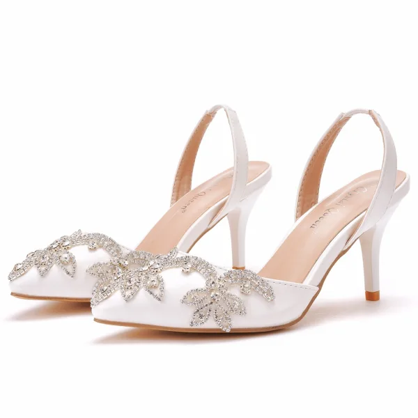 Chic / Beautiful White Rhinestone Wedding Shoes 2023 7 cm Stiletto Heels Pointed Toe Wedding High Heels