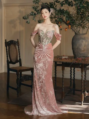 Sexy Rødmende Rosa Beading Glitter Paljetter Selskapskjoler 2025 Trompet Havfrue Av Skulderen Uten Ermer Ryggløse Feie Tog Aften Formelle Kjoler