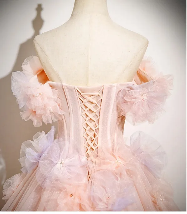 Chic / Beautiful Blushing Pink Beading Appliques Prom Dresses 2025 Ball Gown Off-The-Shoulder Short Sleeve Backless Floor-Length / Long Prom Formal Dresses