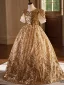 Scintillantes Doré Paillettes Anniversaire Robe Ceremonie Fille 2024 Robe Boule Encolure Dégagée Manches Courtes Dos Nu Longue