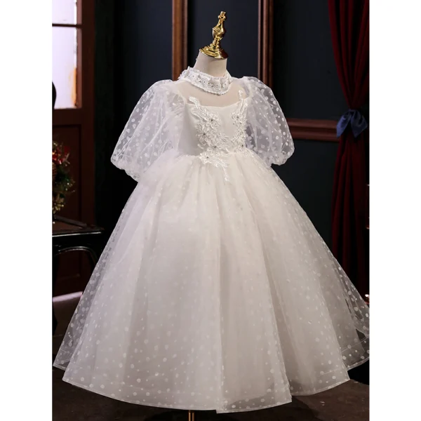 Chic / Beautiful White Spotted Lace Flower Flower Girl Dresses 2022 Ball Gown High Neck Beading Pearl Appliques Short Sleeve Floor-Length / Long Prom Flower Girl Dresses