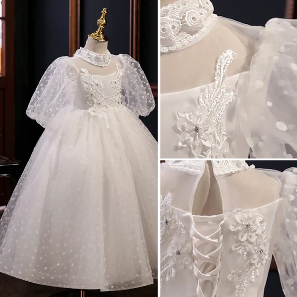 Chic / Beautiful White Spotted Lace Flower Flower Girl Dresses 2022 Ball Gown High Neck Beading Pearl Appliques Short Sleeve Floor-Length / Long Prom Flower Girl Dresses