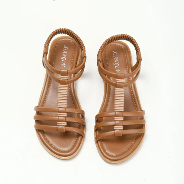 Romain Été Beige Vêtement de rue Plage Plate Sandales Femme 2022 T-Strap Peep Toes / Bout Ouvert Sandales