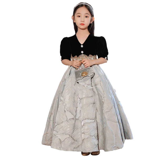 Elegant Black Prom Flower Girl Dresses 2022 Ball Gown V-Neck Short Sleeve Beading Sequins Floor-Length / Long Flower Girl Dresses