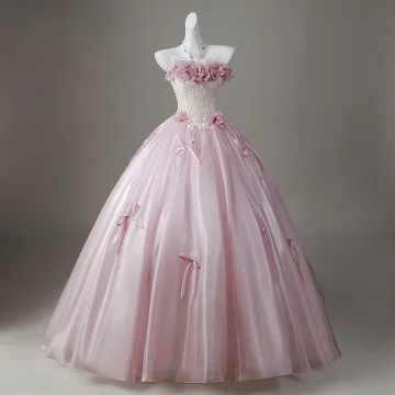 Fine Rødmende Rosa Appliques Blonder Blomst Sløyfe Ballkjoler 2026 Ballkjole Strapless Uten Ermer Ryggløse Lange Ball Formelle Kjoler