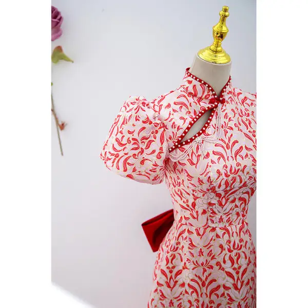 Vintage / Retro Red Floral Pearl Evening Dresses 2022 A-Line / Princess High Neck Short Sleeve Backless Bow Floor-Length / Long Evening Party Formal Dresses