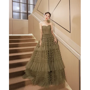 High End Fashion Clover Green Pleated Evening Dresses 2023 A Line Princess Strapless Sleeveless Evening Party Floor Length Long Formal Dresses