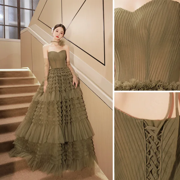 High-end Fashion Clover Green Pleated Evening Dresses 2023 A-Line / Princess Strapless Sleeveless Evening Party Floor-Length / Long Formal Dresses
