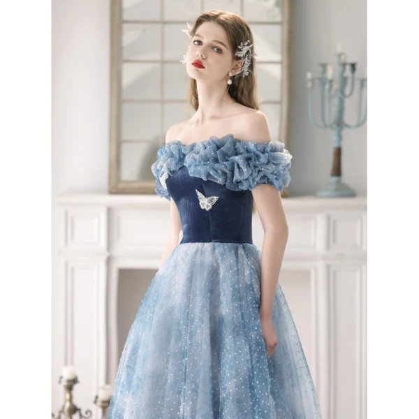 Mode Meeresblau Perle Schmetterling Geflecktes Ballkleider 2023 A Linie Rüschen Off Shoulder Kurze Ärmel Rückenfreies Lange Ball Festliche Kleider