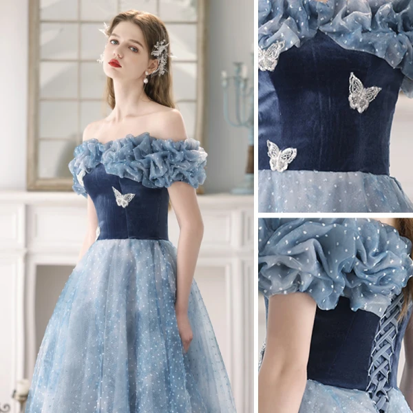 Mode Meeresblau Perle Schmetterling Geflecktes Ballkleider 2023 A Linie Rüschen Off Shoulder Kurze Ärmel Rückenfreies Lange Ball Festliche Kleider