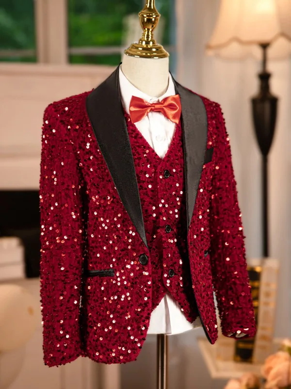 Bling Bling Rouge Paillettes 6 pièces Manches Longues Costume Garçon Mariage 2024 Bijoux De Corps Manteau Pantalon Chemise Cravate Gilet
