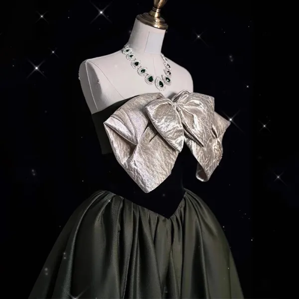 Elegant Army Green Bow Satin Prom Dresses 2024 Ball Gown Strapless Sleeveless Backless Floor-Length / Long Prom Formal Dresses